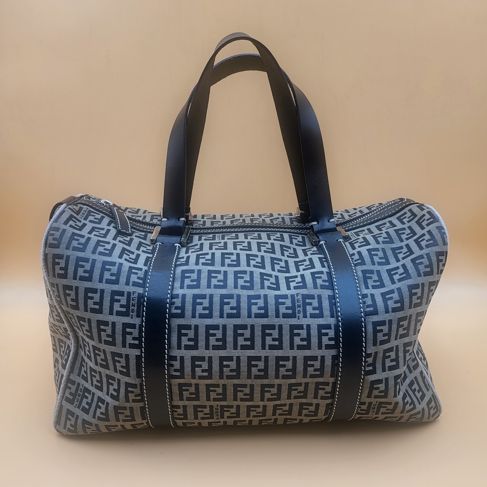 FENDI Zucchino FF Canvas Leather Boston 30 HandBag Navy..Authentic...W/COA.